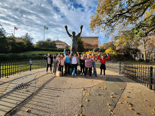 BRHS students mimic the gesture of the Rocky Statue.