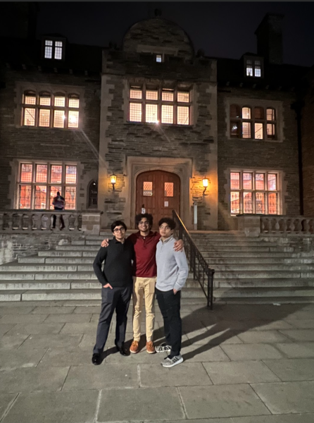 Students Atharva Makode, Abhay Sankar and Rishabh Sankar (left to right) pose in front of one of the University of Pennsylvanias buildings. 