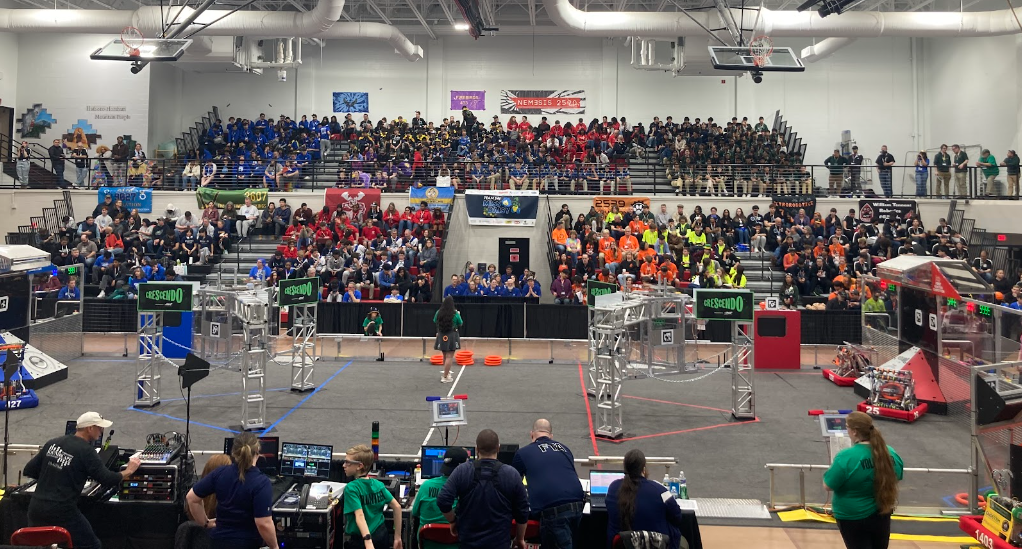 Numerous schools attend the FIRST robotics competition.