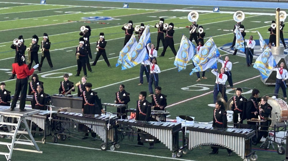 The ,marching band performs at Scotch Plains Fanwood High School.