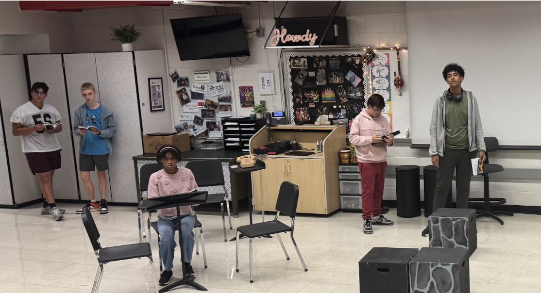 BRHS fall play cast rehearsing in the choir room